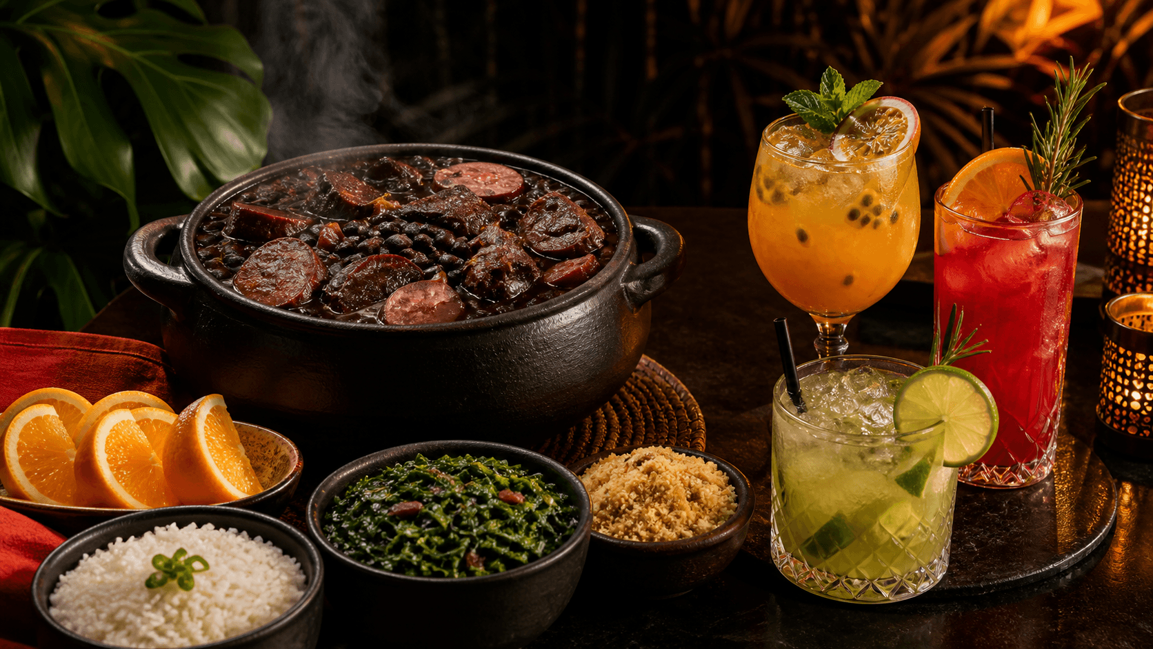 Feijoada do Lua acompanhada de arroz, couve, farofa, laranja e drinks